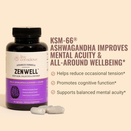 Live Conscious KSM-66 Ashwagandha Supplement w/L Theanine & AlphaWave - ZenWell Everyday Stress Relief, Cognitive, Brain Health - Ashwagandha for Men & Women - 60 Capsules