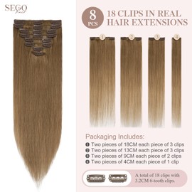 SEGOHAIR 8 Pieces Clip-In Real Hair Extensions, 22 Inch (56.8 cm) Thin Full Head Real Hair Extensions - Straight Real Hair Extensions Clip - Chestnut Brown (80 g) for Perfect Hair Extension Clips Real