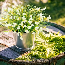 HOHOTIME 8Pcs Fake Flowers Outdoor, UV Resistant Artificial Plants & Flowers, Plastic Calla Lily Faux Flowers for Home Decor Indoor Cemetery Vase Pots Hanging Planters Decoration(White)