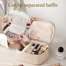 Linpr Makeup Bag for Women, Travel Make up Bags Organiser with Hand, Portable Cosmetic Bag with Brush Compartment, Small Makeup Case Toiletry Bag with PU Leather Water-Resistant (White, Small)