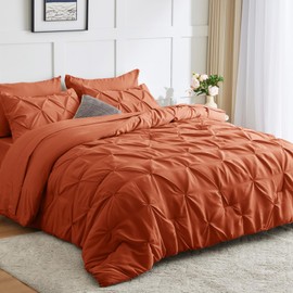 CozyLux Burnt Orange King Comforter Set 7 Pieces Bed in a Bag Terracotta Comforter Pintuck Design Fall Comforter Set King Pinch Pleated Fall Bedding Complete Set with Sheets,Pillowcases&Shams