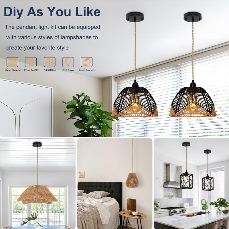 ASCMZOS Hemp Rope Pendant Light Kit, Boho Pendant Light Fixture