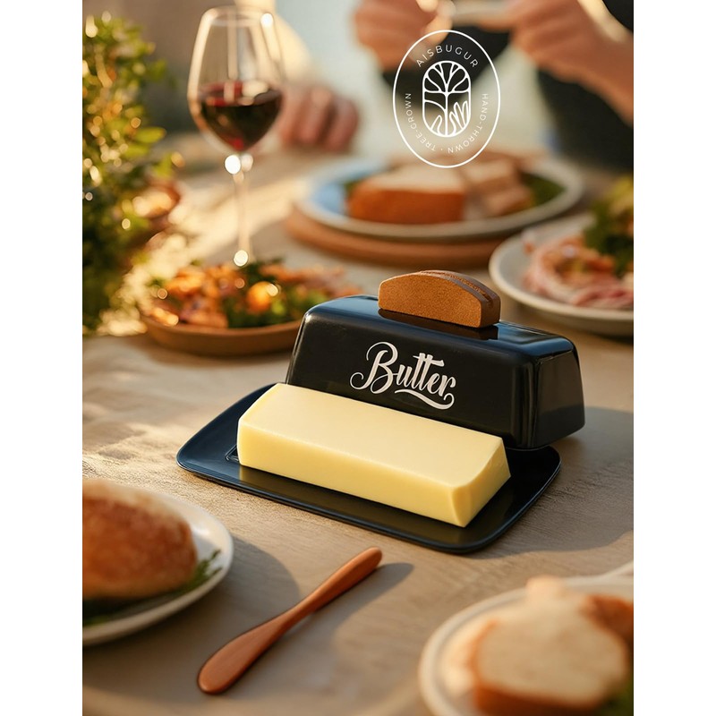 Black Butter Dish with Lid and Knife，Black Butter Tray，Ceramic Butter