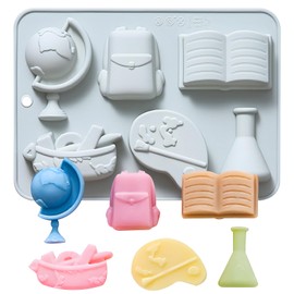 Educational School Supplies Silicone Mold, 6 Cavity Decorative Mold with Globe Backpack Book Lab Flask Art Palette, Grayish Blue, for Chocolate Candy Ice Soap