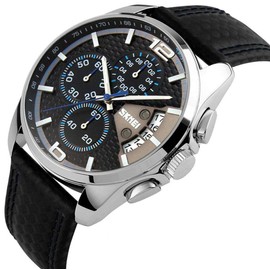 MASTOP Men’s Analog Quartz Watches Black Leather Band Calendar Chronograph Waterproof Sports Watch (Blue)