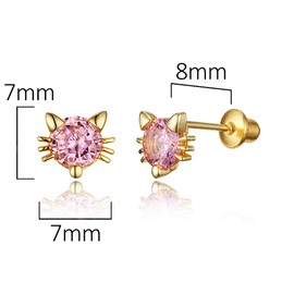 14k Gold Plated Brass Cat Pink Cubic Zirconia Screwback Girls Earrings with Sterling Silver Post