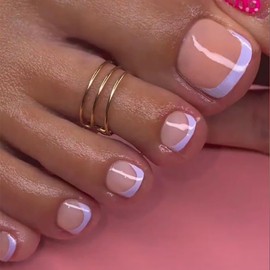 Artquee Purple French Tip Press on Toenails for Women Short Fake Toe Nails with Adhesive Reusable Square Glossy Full Cover Toenail Kit - 30 Pcs in 15 Sizes