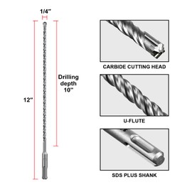 SALI SDS Plus Rotary Hammer Drill Bit 10PCS 1/4"*12" Concrete Drill Bit Kit Cross-Type Double Thread Carbide Material Suitable for Concrete, Brick, Cement Walls, Stone, Hammer Drill Bits for Concrete