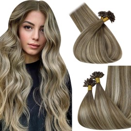 Fshine U Tip Human Hair Extensions Chestnut Brown to Platinum Blonde U Tip Fusion Hair Extensions Prebonded Human Hair Extentions 20 Inch K Tip Extensions 1g/Strand 50g/Pack