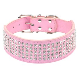 Bbmmayy Rhinestones Dog Collars, 2" Width Full Sparkly Crystal Diamonds Dazzling Sparkling Elegant Fancy PU Leather Dog Collar for Medium Large Dogs (Small, Pink)