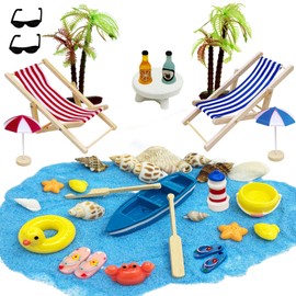 29 Stück Strand-Mikrolandschaft Miniatur Dekoration, DIY Mini-Strand Dekorationen, Strandkorb Sonnenschirm Kleine Palme Segelboot Leuchtturm Muschel Deko, für DIY Garten-Deko Puppenhaus Dekoration