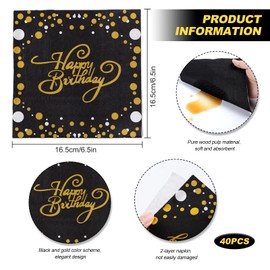 Happy Birthday Napkins, 40 Pack Black and Gold Birthday Party Napkins Disposable Serviettes for Party Decoration 33x33 cm