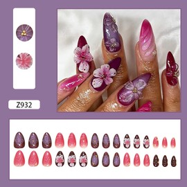 Rilafuvu Almond Press on Nails Medium Fake Nails Pink False Nails Cute Floral Nail Acrylic Nails Pearls Press on Nail Purple Ombre Glue on Nails for Women Girls 24 Pcs(5D flower almond nails)