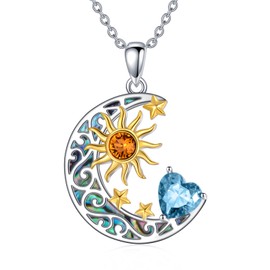 AOBOCO Sterling Silver Sun and Star Necklace with Simulated Aquamarine Birthstone Abalone Shell Moon Jewelry Birthday Gift for Mom or Daughter