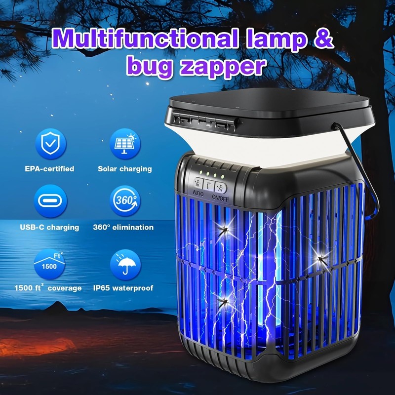 ZENO Dual-Panel Foldable Solar Bug Zapper Outdoor Indoor, 3-in-1 Solar