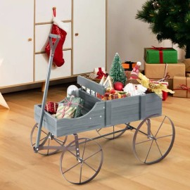 Costway Wooden Wagon Raised Plant Bed Patio Garden Yard Flower Cart W/ Metal Wheels Gray