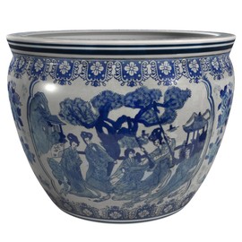 Red Lantern 12" Ladies Blue & White Porcelain Fishbowl Planter or Cachepot for Indoor/Outdoor Use in Garden Entryway Living Room Boho Eclectic Modern Contemporary Classic Traditional Style Decor