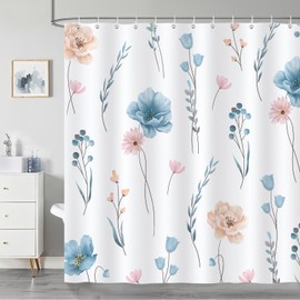 COZZSNUGE Watercolor Floral Shower Curtain, Blue Pink Flower Leaves Modern Minimalist Shower Curtain for Bathroom Waterproof Polyester Fabric with 12 Hooks, 72 x 72 Inches