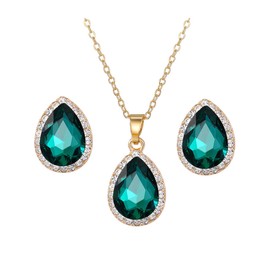 FDEETY Jewellery Set for Women Teardrop Cubic Zirconia Necklace Earrings Fashion Wedding Crystal Jewelry Set Gift for Birthday (Green)