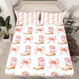 Western Cowgirl Fitted Sheet Twin Size,Pink Bowknot Cowgirl Boots Rustic Farmhouse Bedding Set,Girls Women Room Decor,Bow Tie Geometric Patchwork Golden Bed Sheet,1 Pillowcase(No Flat)