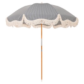Business & Pleasure Co. Rio Umbrella - 6' Boho Beach Umbrella, 7' Tall Wood Pole, UPF 50+, Laurens Navy Stripe