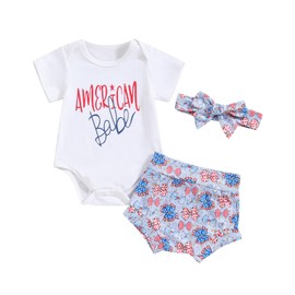Bonangber Newborn 4th of July Outfit Girl American Babe Onesie Short Sleeve Romper Bloomers Set Fourth of July Baby Girl Outfit(A-White American Babe,0-3 Months)