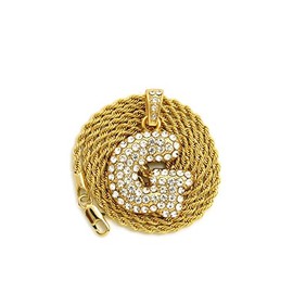 NYFASHION101 Stone Stud Bubble Letter Initial Pendant with 2mm 24" Rope Chain Necklace, G/Gold-Tone