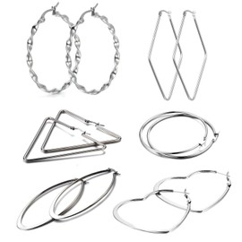 Cupimatch 6 Pairs Silver Stainless Steel Simple Large Loop Hoop Hinged Earrings Set Gift for Women Girls