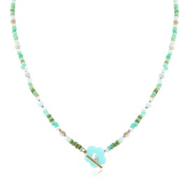 NEKOL Bohemian Green Beaded Choker Necklace with Flower Pendant for Women Natural Stone Beads Flower Charm Necklace Y2K Statement Necklace Adjustable Boho Summer Beach Jewelry Gift for Women