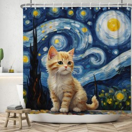 ASDCXZ Cat Shower Curtain 180 x 200 cm, Modern Abstract Art Blue Yellow Oil Painting Cute Cat Bath Washable Shower Curtains Polyester Textile Waterproof Shower Curtain for Bath with 12 Hooks