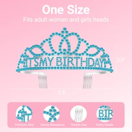 Papoopy Birthday Tiara and Crown with Sash, Birthday Tiara for Women Party Blue