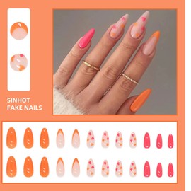 SINHOT French Tip Round Press on Naills Medium Fake Nails Heart Glue on Nails Orange Glossy False Nails Full Cover Oval Acrylic Nails for Women & Girls 24Pcs