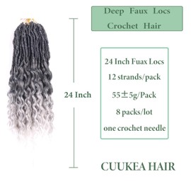 Deep Faux Locs Crochet Hair 24 Inch 8 Packs Goddess Locs Crochet Hair 1BGrayWhite Soft Loc Faux Loc Crochet Braids with Curly Ends Prelooped Deep Wave Croceht Braids for Black Women(Black to white)