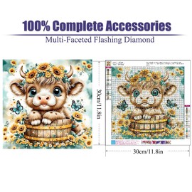 LWZAYS Highland Cow Diamond Art Kits for Adults, Cartoon Cow Diamond Painting Kits for Adults Beginner, Sunflower Animal DIY Full Drill Diamond Dots Art for Home Wall Decor and Gifts 14x14 Inch