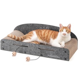 FUKUMARU 26 Inch Cat Scratcher Cardboard Lounge Bed, 2 Reversible Cat Scratch Pads Refill for Indoor Cats, Durable Cats Scratching Boards Extra Large Lounger Bed Sofa Couch with Ball Toy, Grey