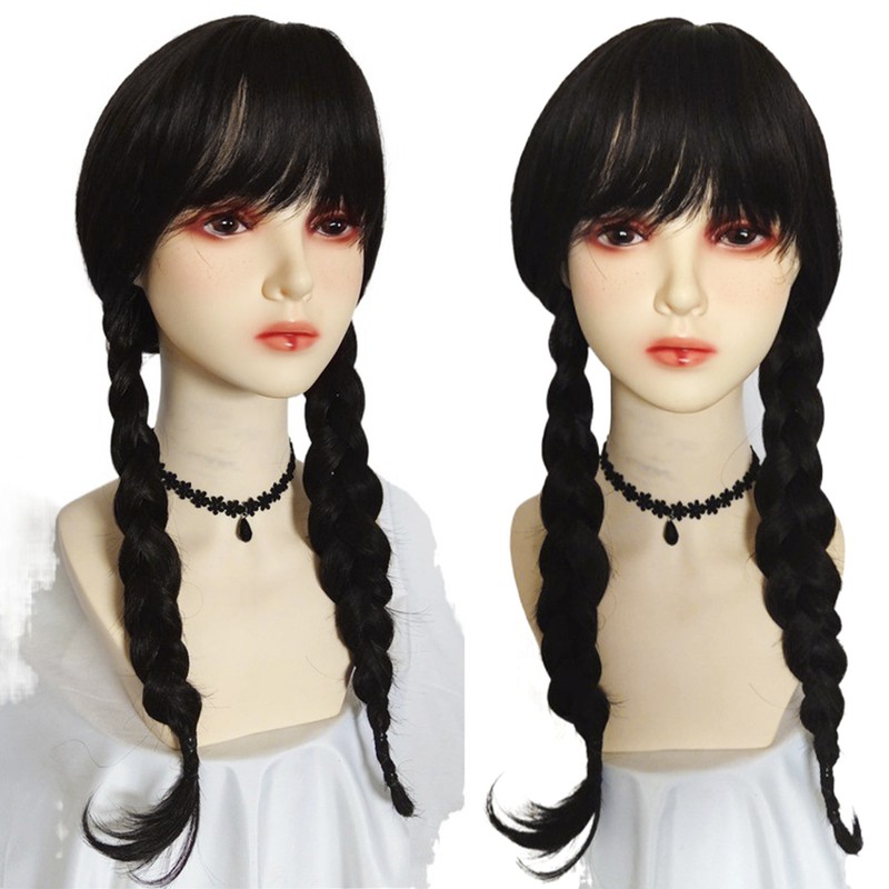 Black Long Double Braid Wig Synthetic Simulated Scalp Heat Resistant