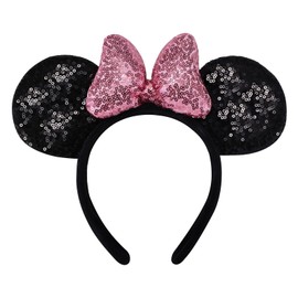 ODOCARE Handmade Mouse Ears Headband for Women and Ladies, Polka Dot Bow Minnie Ears Costume Accessories (shiny pink)