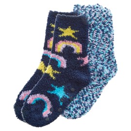 WS-AW23 Girls 2 Pairs Fluffy Snuggle & Popcorn Socks Cosy Bed Socks Non Slip Stars Designs Blue 12.5-3.5