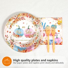 Grencian 96Pcs Autumn Gender Reveal Party Supplies Orange He or She Plates and Napkins Tableware Sets Disposable Pink and Blue Pumpkin Decorations for Birthday Baby Shower Newborn Pregnancy Serve 24