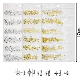 Nail Parts, Nail Art Decoration Accessories, Nail Design Kit, DIY Nail Accessories, Craft Materials, Star, Moon, 4 Point, Silver, Gold, 3D Decoration Parts Set, Perfect for Creative Nail Art and DIY