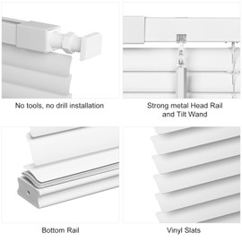 LazBlinds No Tools No Drill 1" Vinyl Mini Blinds, Cordless Blinds for Windows, Light Filtering Horizontal Window Blinds & Shades, 34" W x 64" H, White