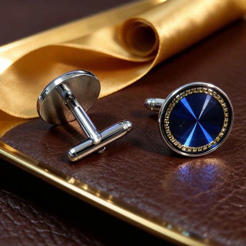 Men's Cufflink Set, Electroplated Silver with Blue Patterned Cufflinks, Comes