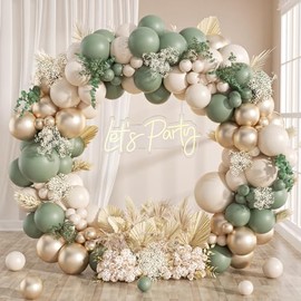 Kit de arco de guirnalda de globos de 130 piezas, verde salvia y dorado, con globos verde salvia, arena y dorado blanco para baby shower, despedida de soltera, cumpleaños, compromiso, fiesta Wild One
