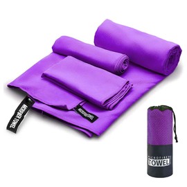 Toalla Deportiva, EASYTAO Toalla Microfibra 3PCS, Toalla Gym Suave y Ligero para Natacion, Deporte, Baño, Viajes, Yoga, Etc, con Una Bolsa, 3 Tallas (76 * 152cm+40 * 80cm+30 * 30cm, Violeta)