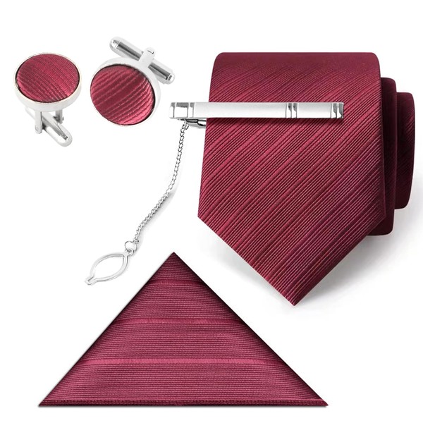 WooZuu Mens Tie Set, Burgundy Twill Man Necktie Polyester, Pocket