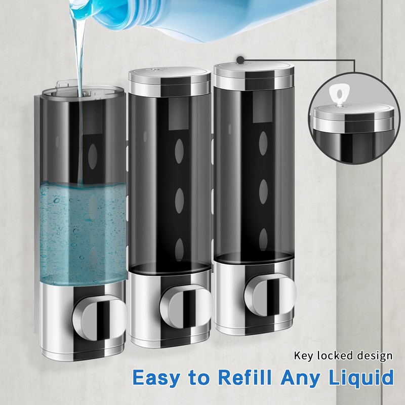 Volufia Shower Dispenser 3 Chamber No Drill, Shampoo Dispenser for