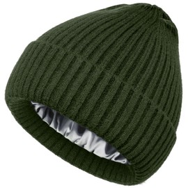 Satin Lined Wool Beanie Hat for Women Men Winter Cold, Warm Knit Fashion Cuffed Beanie Skull Cap Watch Cap,Army Green