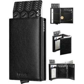VULKIT Portatarjetas de crédito con compartimento para billetes, bloqueo RFID, portafolios de piel desplegable con ventana de identificación,Negro
