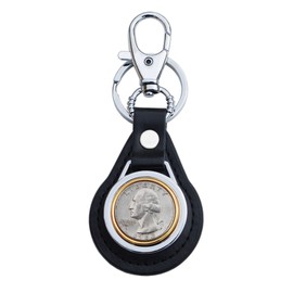 US 1963 Washington Quarter 90% Silver BU Uncirculated Coin Gold Silver Two Tone Leather Key Chain Ring NEW