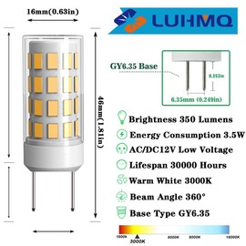 LUHMQ 3-Pack GY6.35 LED Bulbs AC/DC 12V T4 JC Type GY6.35 Bi-pin Base 3.5W(35W Halogen Bulb Equivalent) 350LM,for Desk Lamp,Kitchen counters,Chandelier Light Landscape Lighting (Warm White 3000K)